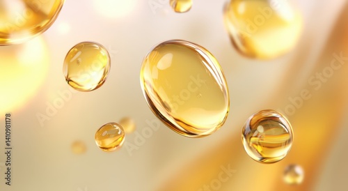 floating golden oil droplets on a soft background. Luxury cosmetic texture