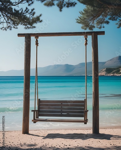 Wallpaper Mural Wooden swing hanging from tree branches over a tropical beach with turquoise water and distant mountains, creating a peaceful and dreamy coastal escape perfect for relaxation themes
 Torontodigital.ca