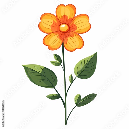 Bright Vibrant Botanical Illustration of Tropical Flower with Organic Design in Orange and Greenery Petal Pattern