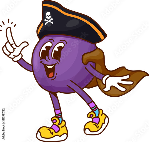 Cartoon groovy plum pirate and corsair fruit character wearing cape and captain hat with crossbones, joyfully pointing with a cheerful expression. Isolated vector whimsical and playful fruit rover
