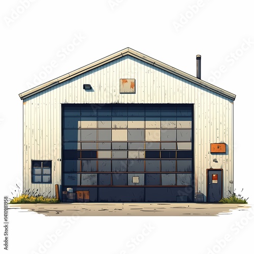Industrial Warehouse Building Exterior: Rustic Urban Architecture and Storage Facility with Metal Garage Entrance in City Landscape