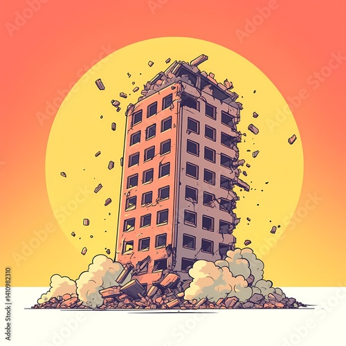 Sunset Backdrop on Urban Decay: Post-Apocalyptic Artwork of Demolished Buildings and Collapse