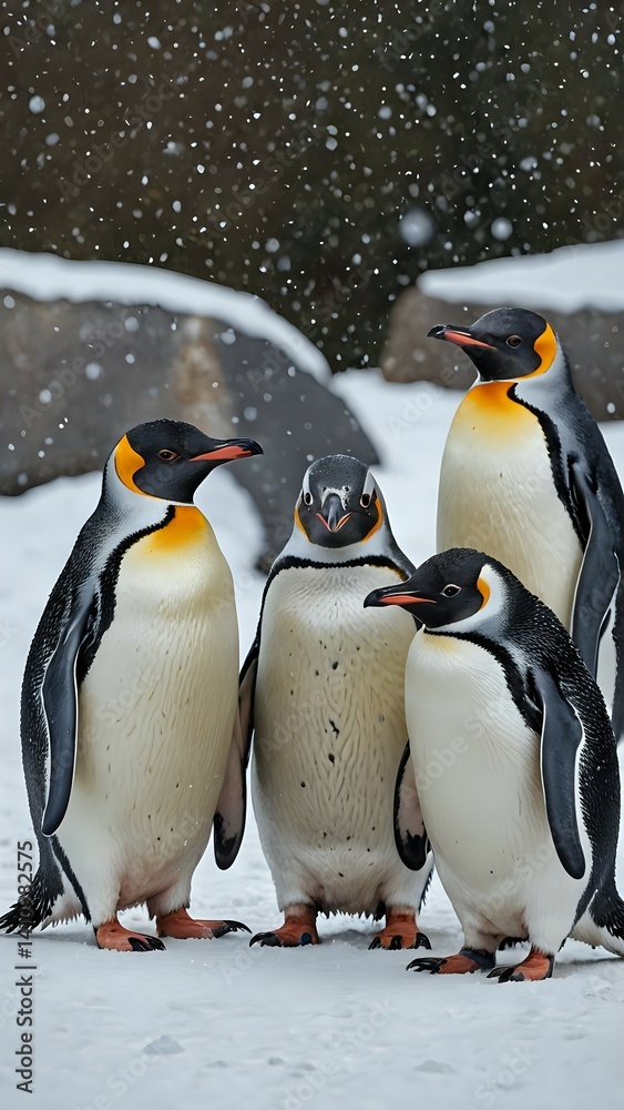 Fototapeta premium Four King Penguins huddle together in snowy conditions, snowflakes falling around them. A charming wildlife scene.