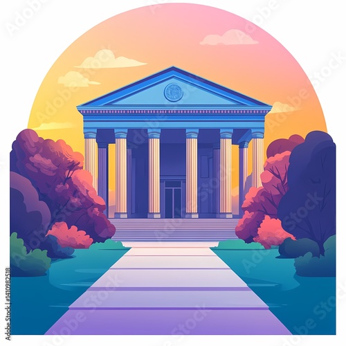 Historic Architectural Landmark Building with Twilight Landscape and Classical Columns in Vibrant Scenic Setting - Digital Art Illustration
