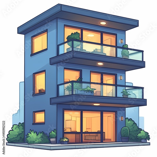 Modern Three-Story Residential Architecture: Blue Exterior Urban Living with Balcony Design and Glass Railing in a Contemporary Home - Nighttime Illumination Surrounded by Exterior Plants.