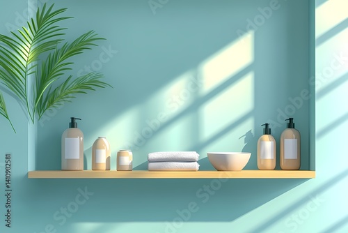 Modern Bathroom Decor with Tropical Green Plants and Natural Skincare Products: Minimalist Shelf Arrangement for a Fresh and Vibrant Home Spa Experience
