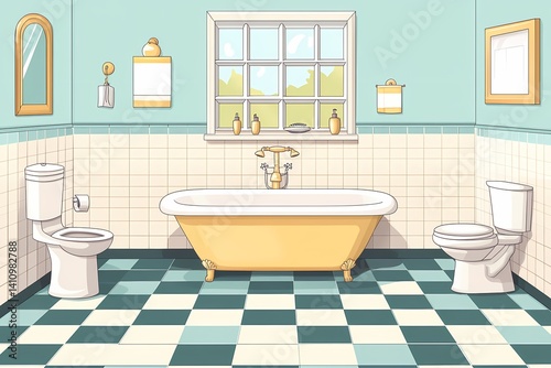 Modern Bathroom Interior Design. Spacious and Bright Tub and Toilet with Stylish Fixtures and Colorful Tiles for a Clean and Cozy Home Renovation