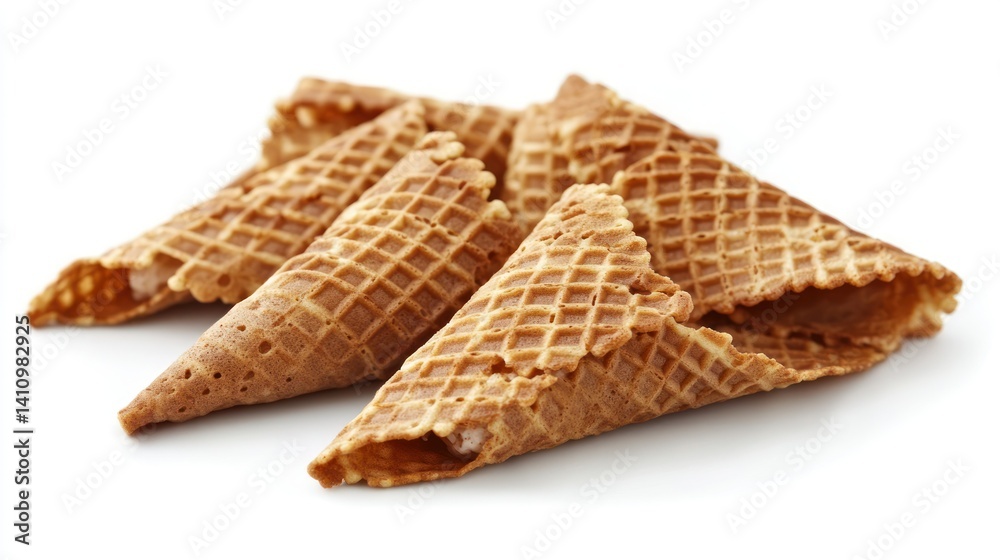 Pile of crispy, triangle-shaped waffle cones with a textured, patterned surface Pile of crispy, triangle-shaped waffle cones with a textured, patterned surface