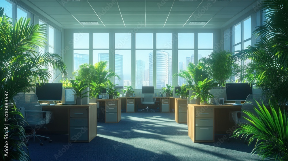 Fototapeta premium Modern office space filled with plants, bathed in natural light, overlooking a cityscape