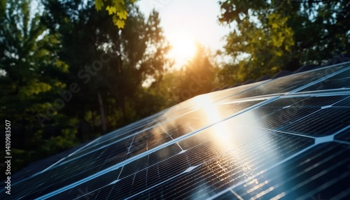 Solar panels in a forest symbolize sustainable energy integration. Used for eco-campaigns or tech articles, they highlight renewable solutions that harmonize with nature