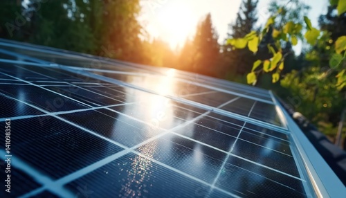Solar panels in a forest symbolize sustainable energy integration. Used for eco-campaigns or tech articles, they highlight renewable solutions that harmonize with nature