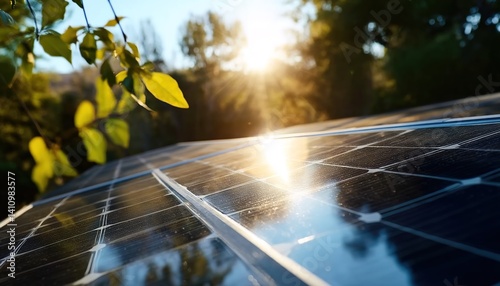 Solar panels in a forest symbolize sustainable energy integration. Used for eco-campaigns or tech articles, they highlight renewable solutions that harmonize with nature