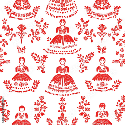 Red Folk Art Pattern with Women in Dresses and Floral Elements