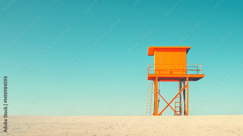 Minimalist beach scene featuring vibrant lifeguard tower against turquoise sky Minimalist beach scene featuring vibrant lifeguard tower against turquoise sky