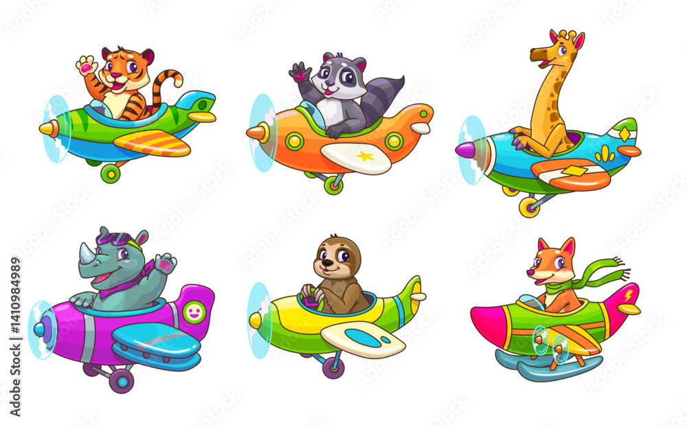 Fototapeta premium Cartoon animal kid pilots on planes, baby boy and girl characters. Vector cute giraffe, tiger, rhino and fox, sloth and raccoon animals flying on airplanes with propellers. Funny little aviators set