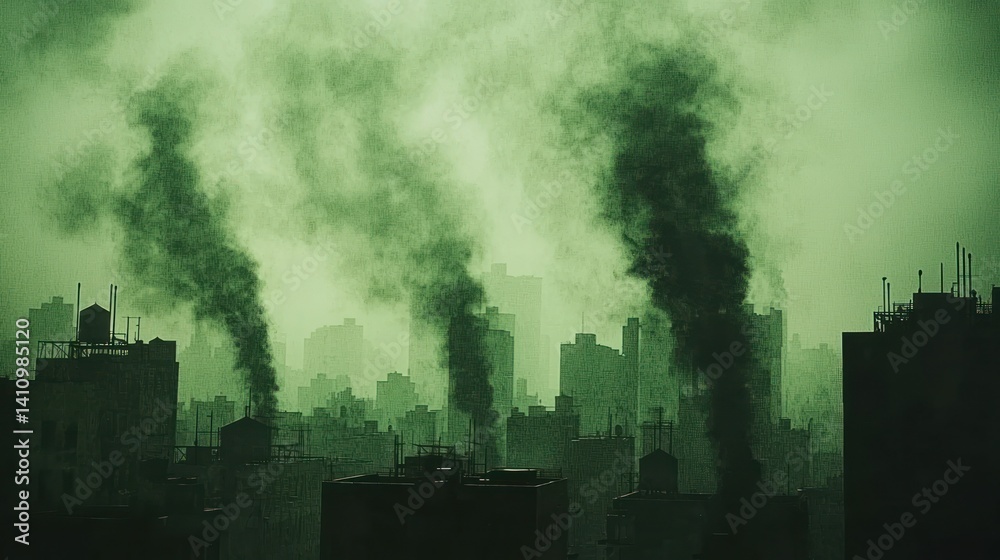 Obraz premium Polluted city skyline with smoke rising, viewed with a greenish cast