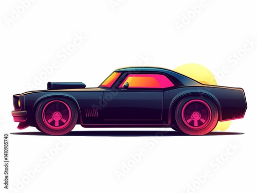 Retro Classic Car Vector Illustration. High-Contrast Digital Artwork with Pink Accents and Sunset Backdrop