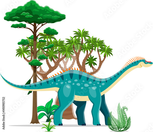 Dicraeosaurus prehistoric dinosaur character. Isolated cartoon vector blue dino animal standing beside trees and bushes in a Jurassic era landscape. Ancient reptile with long neck, tail and spikes