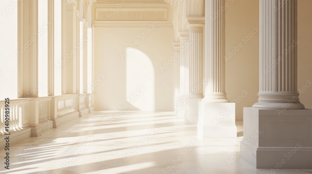 Sunlit elegance, Architectural passage featuring classical columns and light play