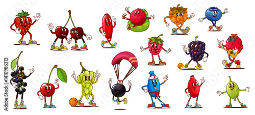 Groovy berry fruit characters on fitness sport, retro hippie food vector personages. Cartoon cute cherry, strawberry and grapes berries playing sport games. Funky groovy cranberry and raspberry fruits