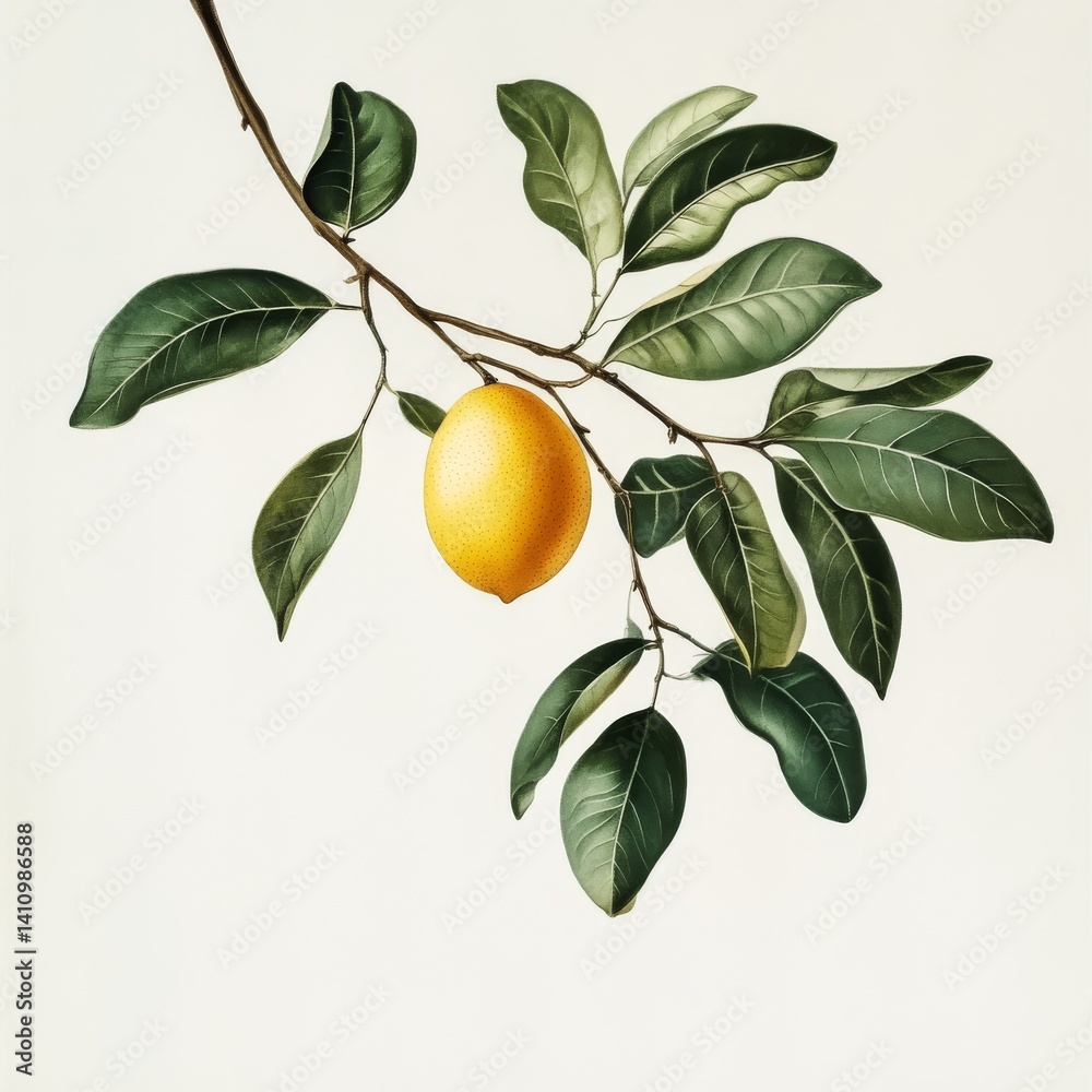 Vibrant Lemon on Branch Botanical Illustration Vibrant Lemon on Branch Botanical Illustration