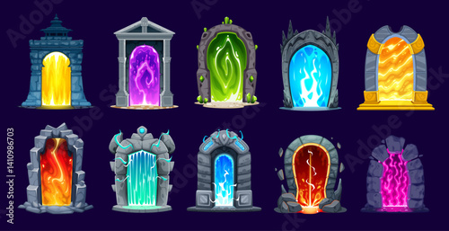 Magic teleport portal gates and doors for game asset, vector cartoon elements. Magic fantasy and witchcraft game assets of portal doors with plasma or mystic fire in fireplace with teleport entrance