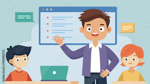 A young boy confidently presenting his coding project on an interactive whiteboard to an impressed class of his peers.. Vector illustration