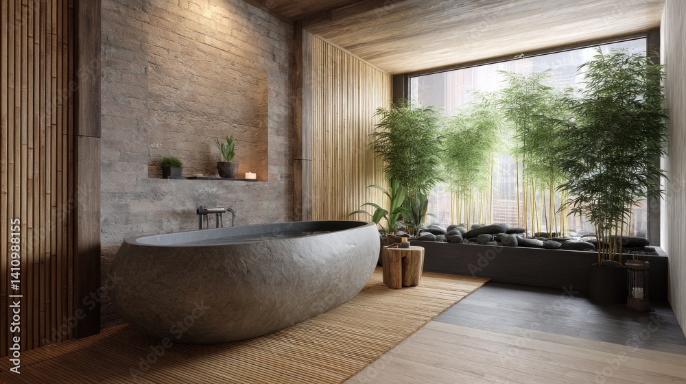 Fototapeta premium Meditative home spa with soaking tub and bamboo elements.
