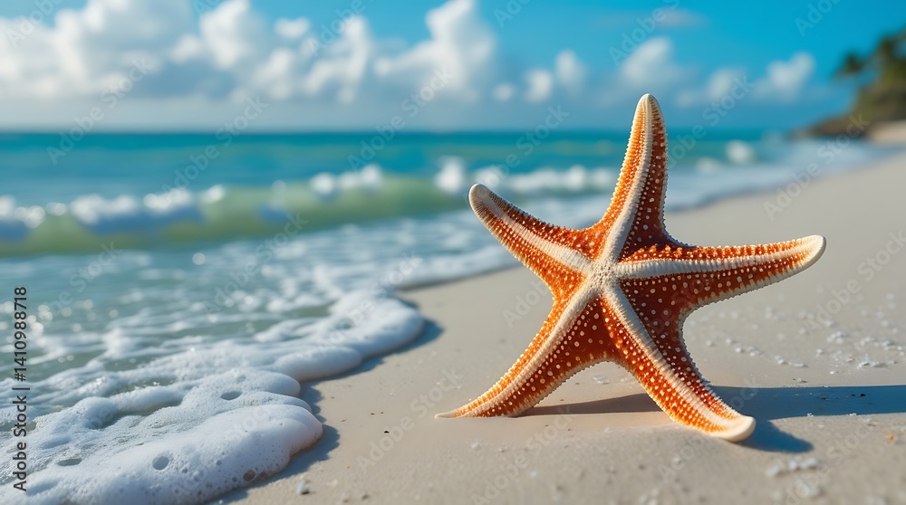 Vibrant beach scene featuring a starfish resting on the shore with gentle sea foam, golden sand, and turquoise waves under a bright summer sky
Vibrant beach scene featuring a starfish resting on the shore with gentle sea foam, golden sand, and turquoise waves under a bright summer sky