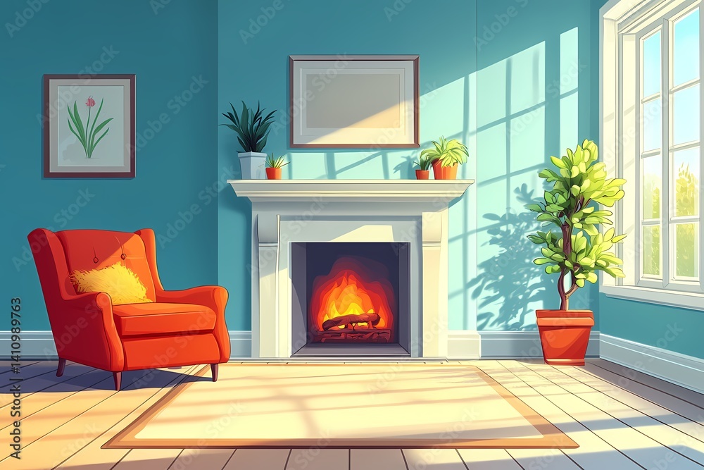 Fototapeta premium Artistic Interior Design. Cozy Modern Room with Fireplace and Vibrant Colors, Inviting Sitting Area for Relaxation