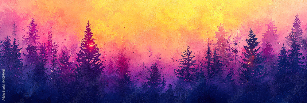 The forest is bathed in the warm colors of sunset, with tall trees silhouetted against a stunning gradient sky. The tranquil scene evokes a sense of peace and beauty in nature