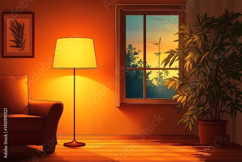 Cozy Living Room Interior Design with Warm Lighting and Nature View at Sunset