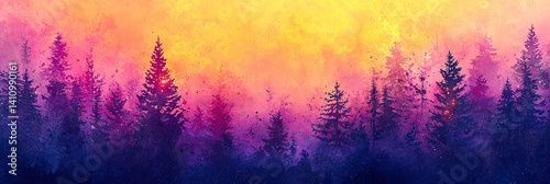 Obraz na płótnie The forest is bathed in the warm colors of sunset, with tall trees silhouetted against a stunning gradient sky. The tranquil scene evokes a sense of peace and beauty in nature w salonie