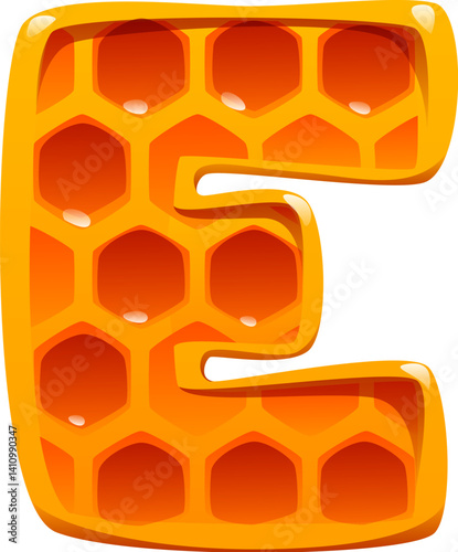 Honey font typeface, honeycomb letter E. Beekeeping harvest type sign, honey bee farm vector element. Apiary farming English alphabet font letter or sweet honey agriculture kids ABC typeset symbol
