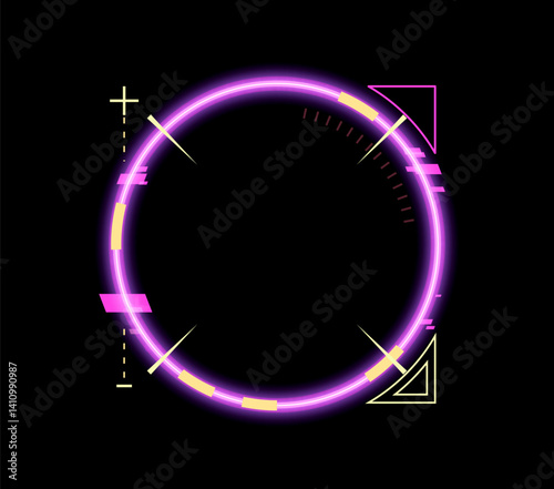 Neon game round frame asset, HUD interface pink circular overlay template with futuristic geometric elements like triangles, crosses and digital markers. 3d vector glowing holographic cyberpunk border