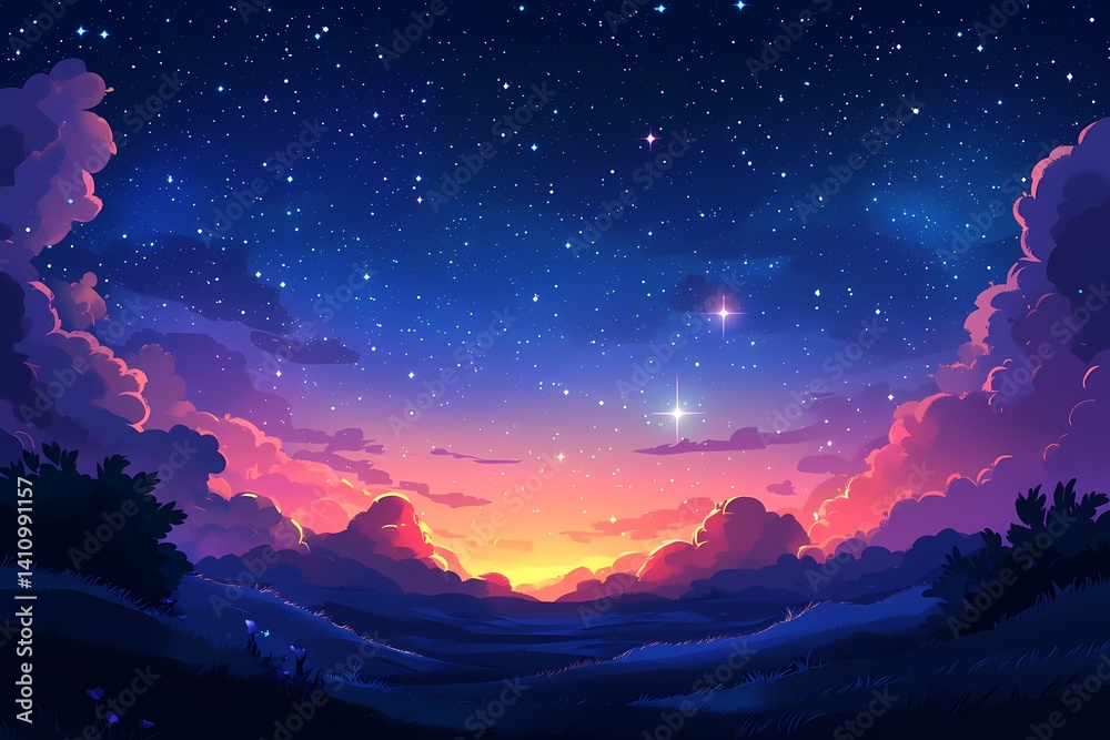 Naklejka premium Celestial Sunset. Vibrant Sky & Starry Landscape in Mystical Twilight