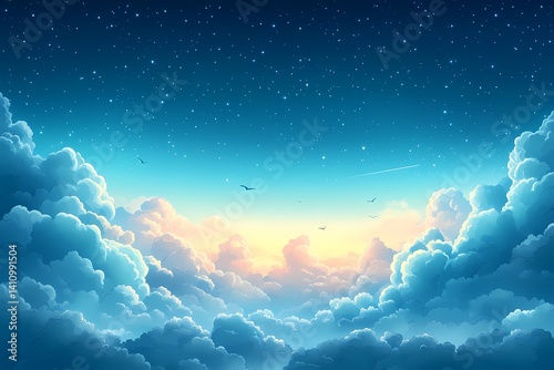Tranquil Night Sky. Serenity of Stars, Clouds & Twilight Horizons in Digital Art
