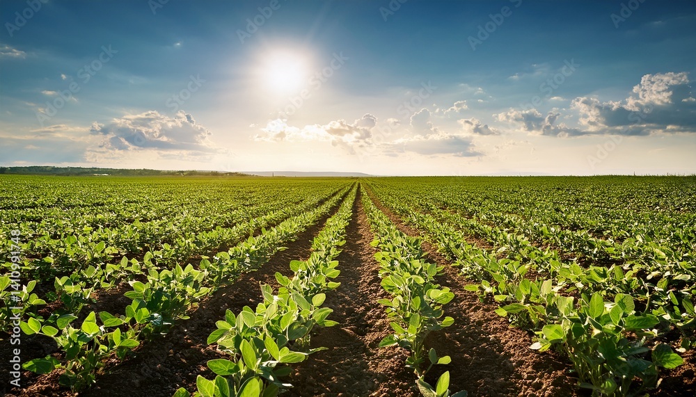 Sunny plantation with growing soya Sunny plantation with growing soya