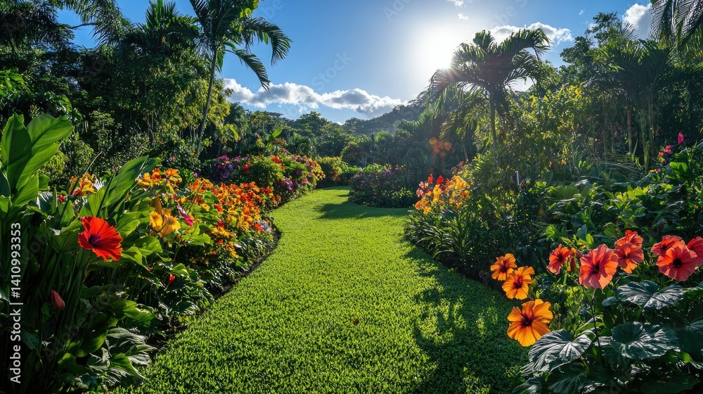 Obraz premium A beautiful sunlit pathway winding through a floral garden paradise