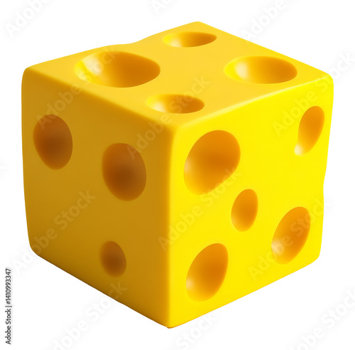 Yellow cheese cube with holes against transparent background. 3d design concept