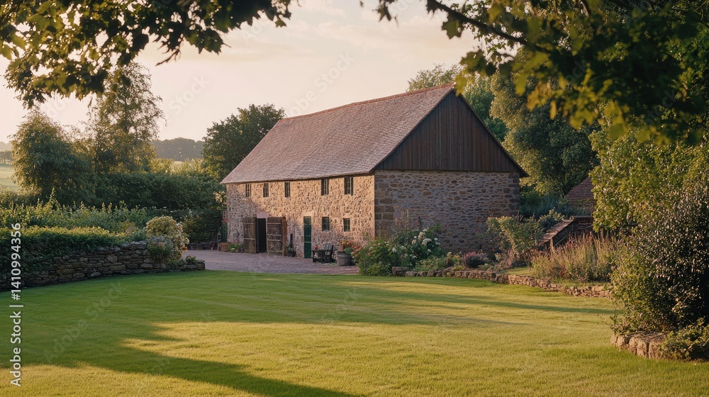 Obraz premium A Stone Barn Sits Amidst Lush Greenery Under a Warm Sunset