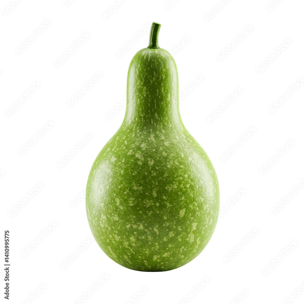 A vibrant green calabash gourd, a symbol of nature's artistry, stands alone against a pure white background, showcasing its unique speckled texture. A vibrant green calabash gourd, a symbol of nature's artistry, stands alone against a pure white background, showcasing its unique speckled texture.