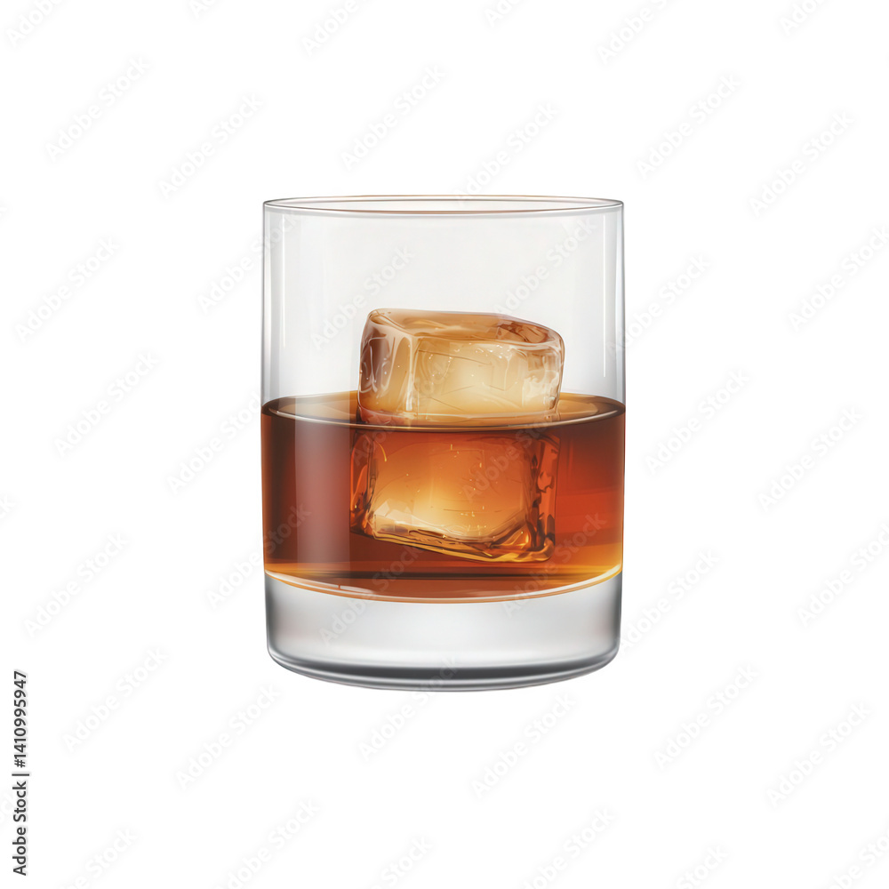 Whiskey on the rocks served in a clear glass with two ice cubes highlights a moment of relaxation and enjoyment, perfect for a social gathering during the evening Whiskey on the rocks served in a clear glass with two ice cubes highlights a moment of relaxation and enjoyment, perfect for a social gathering during the evening