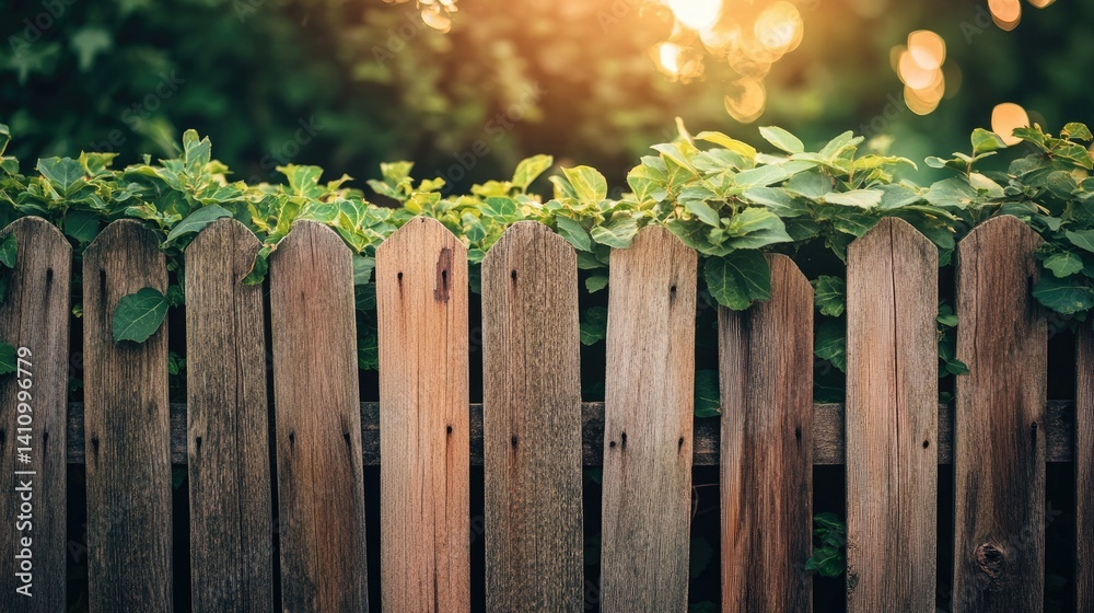 Fototapeta premium Wooden fence with greenery and a blurred background view