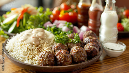 A wooden table with an array of traditional Middle Eastern dishes, including meatballs and rice, surrounded by fresh vegetables and bottles of white 