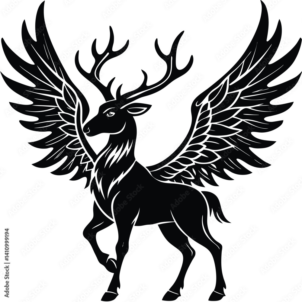 Obraz premium Majestic Winged Stag Silhouette Mythical Fantasy Deer Art Vector 