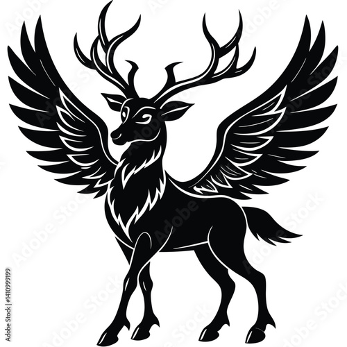Majestic Winged Stag Silhouette Mythical Fantasy Deer Art Vector 