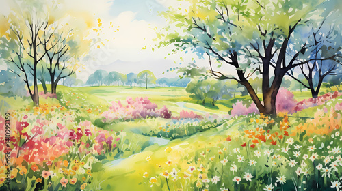 Fototapeta Naklejka Na Ścianę i Meble -  watercolor spring flowers and trees illustration background poster decorative painting