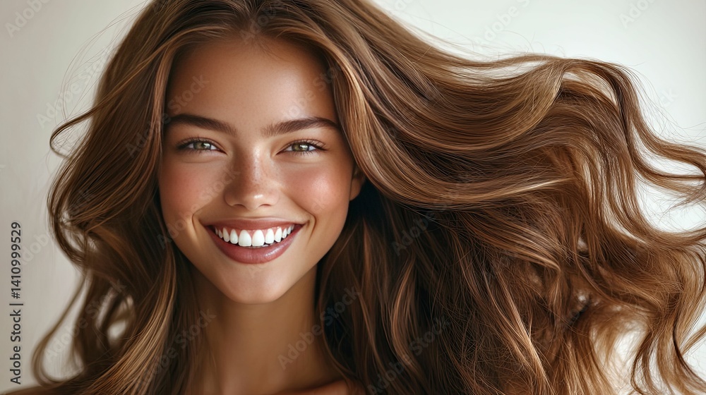 Fototapeta premium A radiant woman with vibrant, healthy, brown, wavy hair.