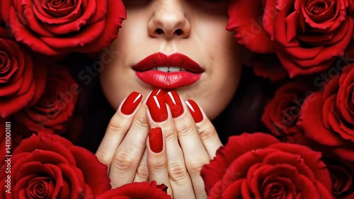 woman face surrounded by red roses, with the person's hands adorned with matching red nail polish, red lipstick, creating a harmonious color palette, loop video